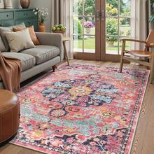 Bohemian Floral Medallion Area Rug - 4x6 Hot Pink Entryway Rug Soft Laundry Room Mat, Non-Slip Machine Washable Nursery Accent Carpet For Dorm Department Kitchen Office, Fuchsia/Multi - Fuchsia/Multi - View 1