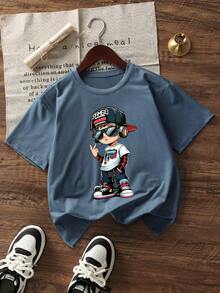 Tween Boys Casual Printed Crew Neck Short Sleeve T-Shirt, Summer Top - Dusty Blue - View 2