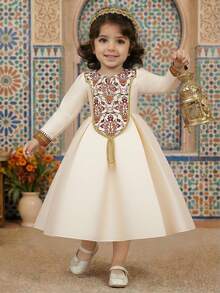 Young Girls Long Sleeve Metallic Ribbon Floral Print Satin Dress, Elegant For Birthday Party, Family Gathering, Does Not Include Headband - Champagne - View 1