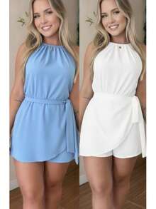 Women's Summer Fashion Jumpsuit Set - Duna - 兩件套 - 白色和淺藍色連身衣 - 查看 1