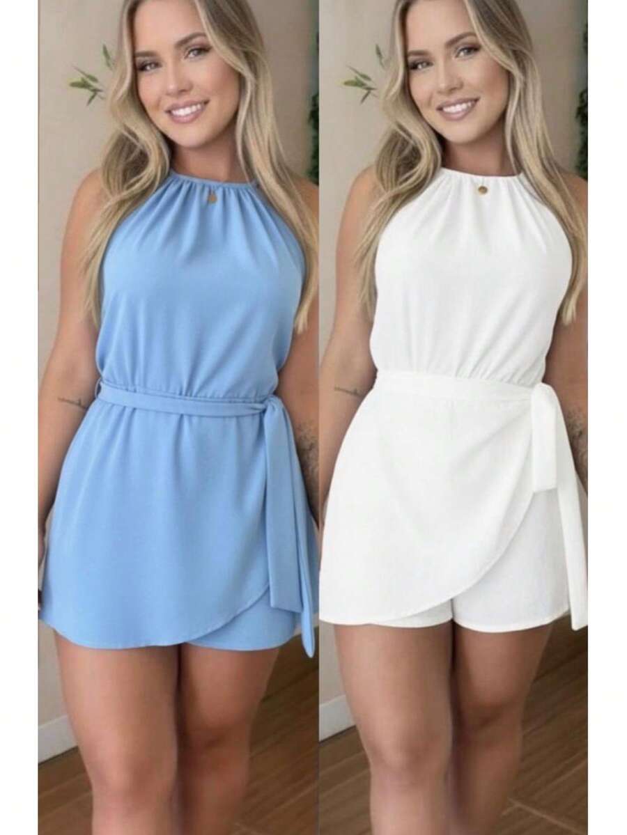 Women's Summer Fashion Jumpsuit Set - Duna - 兩件套 - 白色和淺藍色連身衣 - 查看 1