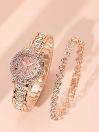 2pcs Women's Stylish And Casual Roman Dial Dial Full Rhinestone British-Style Wristwatch, Paired With A Jewelry Accessory Set And A Fashionable Rhinestone Bracelet Set. Suitable For Weddings, Celebrations, Business Gifts, Annual Meetings, Employee Gifts, High-End Business Women, Everyday Wear, Birthday Gifts