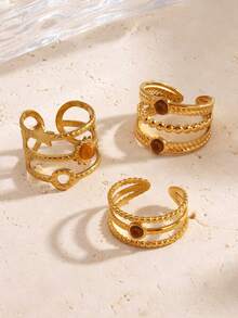 3pcs/Set Stainless Steel 18K Gold Plated Fashionable Cat Eye Stone Inlaid Geometric Sun Open Ring, Suitable For Women Daily Wear And Party - Gold - View 3