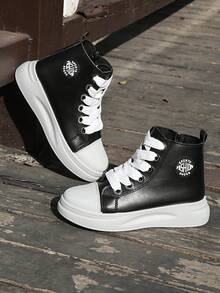 女士高帮休闲鞋，粗鞋带，时尚黑白简约踝靴，百搭户外鞋 - 黑色 - 查看 1