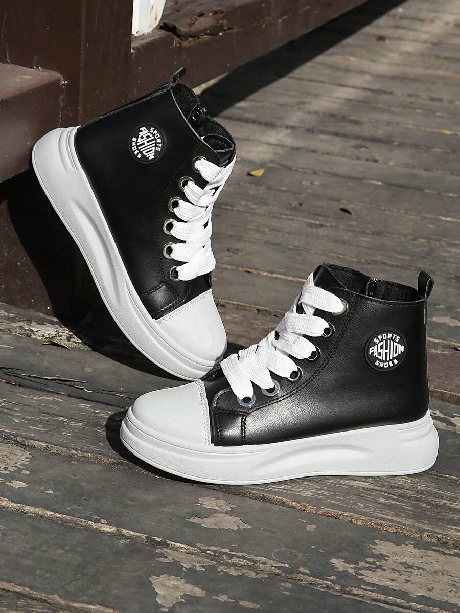 女士高帮休闲鞋，粗鞋带，时尚黑白简约踝靴，百搭户外鞋 - 黑色 - 查看 1