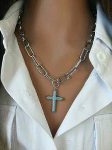 1pc Women's Silver Necklace, Featuring Delicate Long Chain And Minimalist Large Clasp, Simple And Unique. Another Women's Silver Necklace Design With Thick Chain And Cross Pendant, Understated And Elegant, Suitable For Dates Or Parties. - Silver - View 4