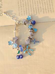 1pc Blue Lucky 8 Ball Charm Bracelet, 1pc Cute Cherry 8 Ball Bracelet, 1pc Adorable Bow & Heart Bracelet, 1pc Cherry Blossom Heart Bracelet - Silver - View 9