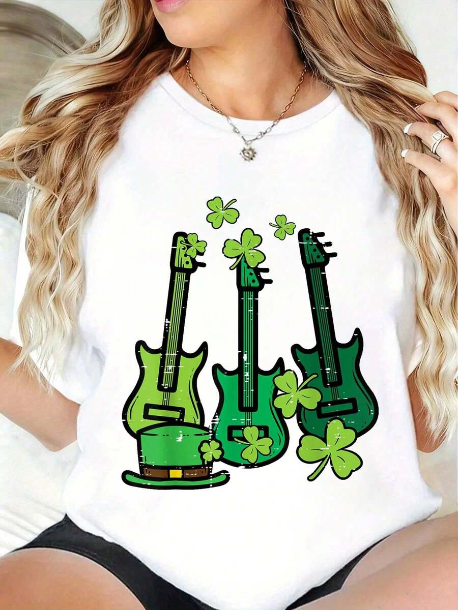 St Patrick Day Rocker Guitar Saint Paddys Band Men Boys T-Shirt St. Patrick'S Day Graphic Tee Women's Casual Graphic Print Short Sleeve Crew Neck 100%Cotton T-Shirt The Perfect Choice For Spring And Summer - White - View 1