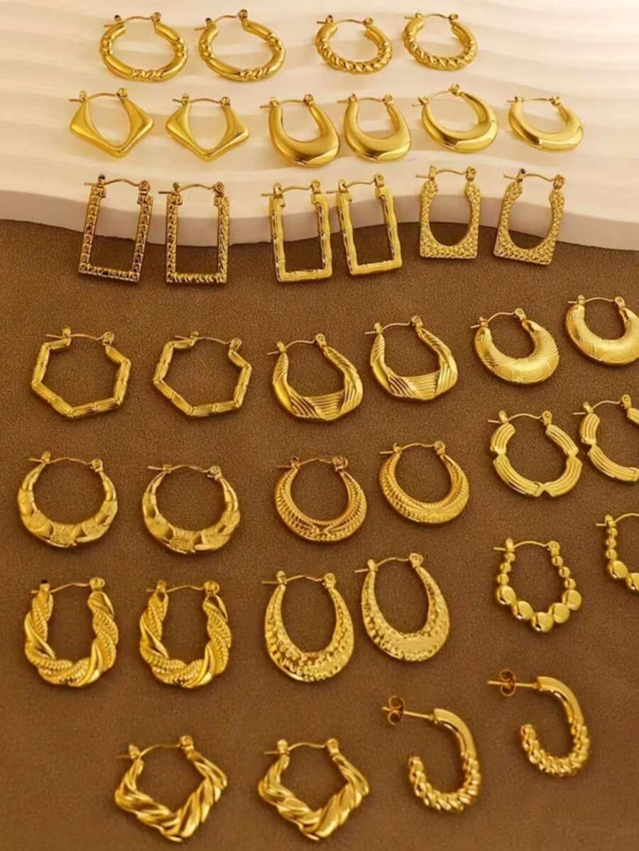 20 Pairs Random Style Simple 304 Stainless Steel Gold U-Shaped & Round Hydraulic Earrings, Suitable For Daily Wear And Parties (Random Delivery) - Multicolor - View 1