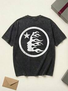 2026 Summer TopsShooting Star Logo Graphic Tee Unisex Couple Matching Boyfriend Style Hell Star Y2K Streetwear Aesthetic Acid Washed Cotton Graphic Tees Men Oversized T Shirt Summer Fits Camisetas Para HombreLoose And Comfortableshirt - 黑色 - 查看 4