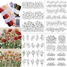 4 piezas Juego de patrones de bordado floral, papel estabilizador autoadhesivo y soluble en agua con hilo de bordado y aguja, adecuado para manualidades DIY - A - Ver 12