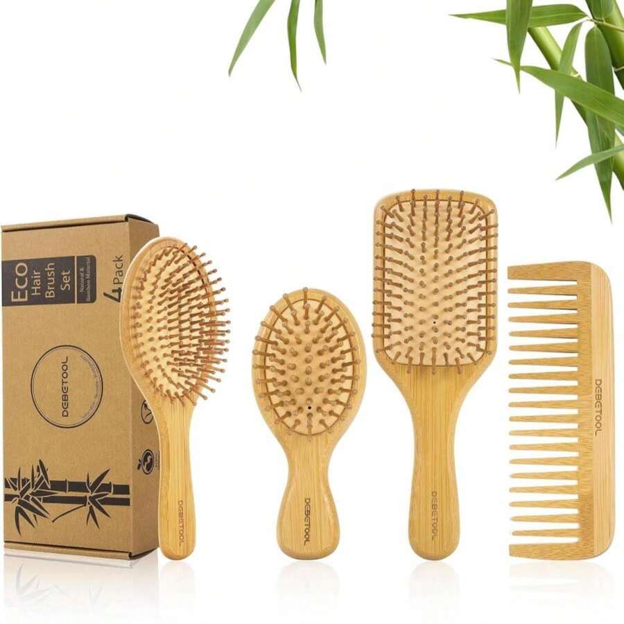 DEBETOOL Bamboo Hair Brush Set, Natural Wooden Bamboo Comb Paddle Detangling Hairbrush For Hair Growth - Wide-Tooth And Tail Comb Suitable For Thick\/Thin\/Curly\/Dry Hair - ColorA - 查看 1