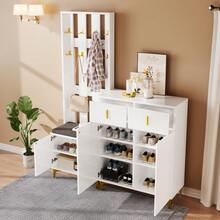 Wardrobe Set With Shoe Stool And Cushions. Front Coat Rack With Hooks. Shoe Cabinet With Drawers And Doors, Black And White. - trắng - Xem 5