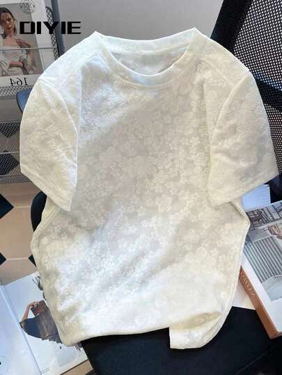 DIYIE Men's Youthful Casual Loose-Fit Floral Textured Short-Sleeve T-Shirt Spring, Summer, And Fall Commuter Fashion Textured Short-Sleeve T-Shirt