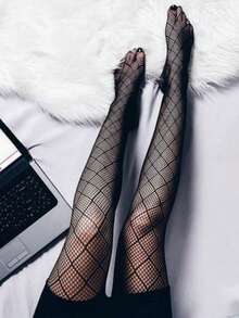 1双女士花卉蕾丝连裤袜/长筒袜，渔网袜，高腰显瘦紧身大码渔网提花打底裤，适合各种场合 - 黑色 - 查看 4