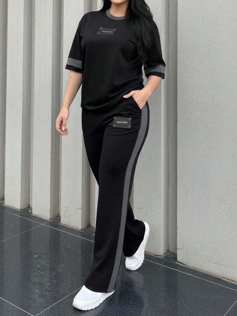 2pcs Women's Spring/Autumn Round Neck Short Sleeve T-Shirt And Elastic Waist Loose Pants Set, Casual Daily Wear - 皇家藍 66 - 查看 1