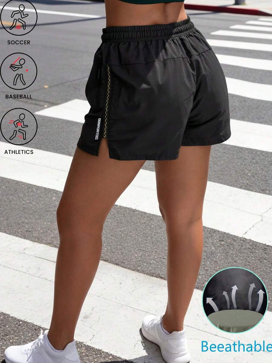 女款夏季運動短褲,彈性腰抽繩跑步褲,適合室內健身房與戶外跑步 - 黑色 - 查看 1