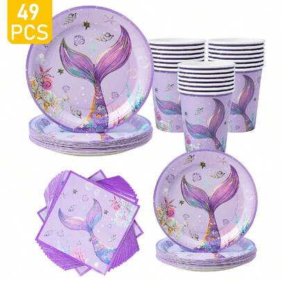 1 Set Purple Mermaid Tail Disposable Plates, Napkins, Cups, Suitable For 8 Guests, One-Time Party Supplies, Fit For Birthday, Wedding, Theme Party, Family Picnic