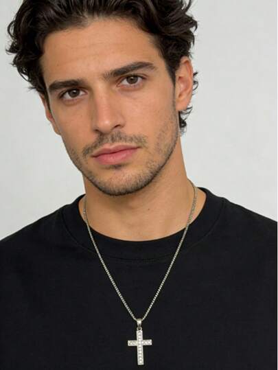Hip Hop Men's Classic Rhinestone Cross Pendant Necklace