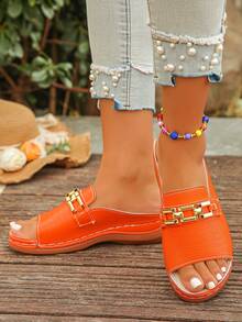 Sandal đế xuồng khoét mũi tròn màu cam thời trang mới mùa hè dành cho nữ, khóa kim loại, kiểu dáng slip-on, phù hợp cho hàng ngày, kỳ nghỉ, đi biển, nhẹ và thoải mái, họa tiết ngẫu nhiên. - Màu cam nổi - Xem 5