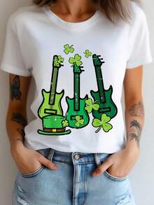 St Patrick Day Rocker Guitar Saint Paddys Band Men Boys  T-Shirt Women's Clothing Graphic Tee St. Patrick'S Day Graphic T-Shirt All-Season Casual Wear Comfortable, Soft Short Sleeve Crew Neck 100%Cotton - White - View 1