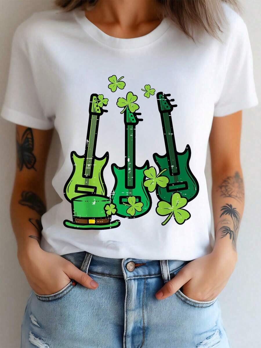 St Patrick Day Rocker Guitar Saint Paddys Band Men Boys  T-Shirt Women's Clothing Graphic Tee St. Patrick'S Day Graphic T-Shirt All-Season Casual Wear Comfortable, Soft Short Sleeve Crew Neck 100%Cotton - White - View 1
