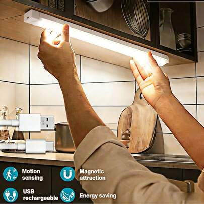 1条无线LED橱柜灯带，带运动传感器，磁吸式充电，无线设计，自动开关，柔和灯光，适用于多种场景，持久耐用，是家居氛围照明的理想之选。