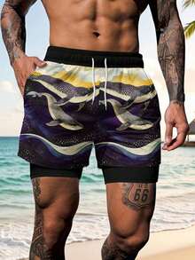 Men's Ocean Creature Printed Double-Layer Beach Shorts, Casual Holiday Style - Multicolor - View 2