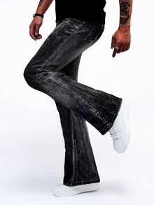 YANGCANREN Men's Slim Fit Flared Stretch Denim Jeans - Dark Grey - View 2