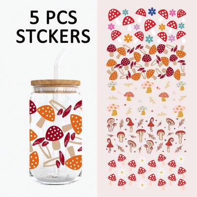 5张可爱蘑菇世界主题UV DTF杯贴，防水防刮3D水晶贴纸，适用于16盎司玻璃杯、马克杯、工艺品，非常适合装饰个人物品！（4.3英寸 x 9.4英寸）