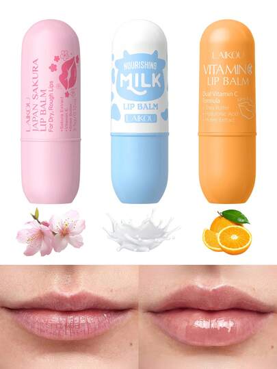 莱库尔润唇膏3支装（樱花+牛奶滋养+维生素C）3.5克*3，抗干燥保湿提亮唇色，持久留香，送给女性、母亲、妻子、姐妹、青少年、女友的礼物，情人节自用佳品