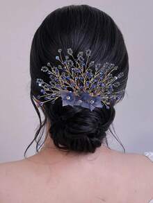 1个蓝色水晶花朵发梳，优雅水钻装饰侧边发饰，适合新娘、婚礼、庆典、派对、日常休闲佩戴，可作发梳、头饰。 - 藍色 - 查看 5