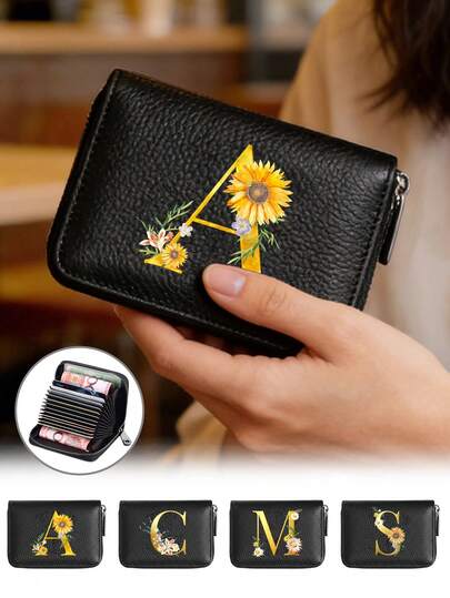 1pc PU Leather Accordion Zipper Card Bag With Golden Floral Letters, Large Capacity Multi Slot Zipper Wallet, Portable Credit Card & Coin Holder, Fashion Zipper Wallet, Business Casual Short Wallet With Card Slots, Man/Women's Short Wallet, Creative Gifts, Must-Have For Everyday Outings, Minimalist Design, Ideal Gift For Family, Friends, Boyfriend/Girlfriend, Teachers, New Year, Birthday Gifts, Party Gifts, Wedding Gifts, Valentine's Day Gifts, Anniversary Gifts, Storage Organizer, Travel Essential