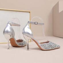 Women's Elegant Luxury Rhinestone Hollow Out Sandals, Fashionable Pointed Toe High Heels For Street, Party, Commute, Office - Silver - View 6