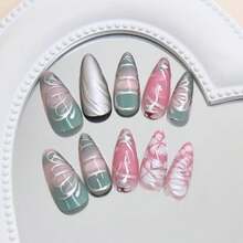 24Pcs Almond Press On Nails Medium Length Silver Butterfly Fake Nails With 3D Designs Star Full Cover Stick On Nails Pink Blue Gradient False Nail Reusable French Acrylic Nail For Women Nail Supply - ColorA - 查看 2