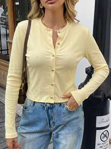 Fashionable Streetwear Button-Up Cardigan, Solid Color Slim Fit Long Sleeve Top Spring - Yellow - View 2