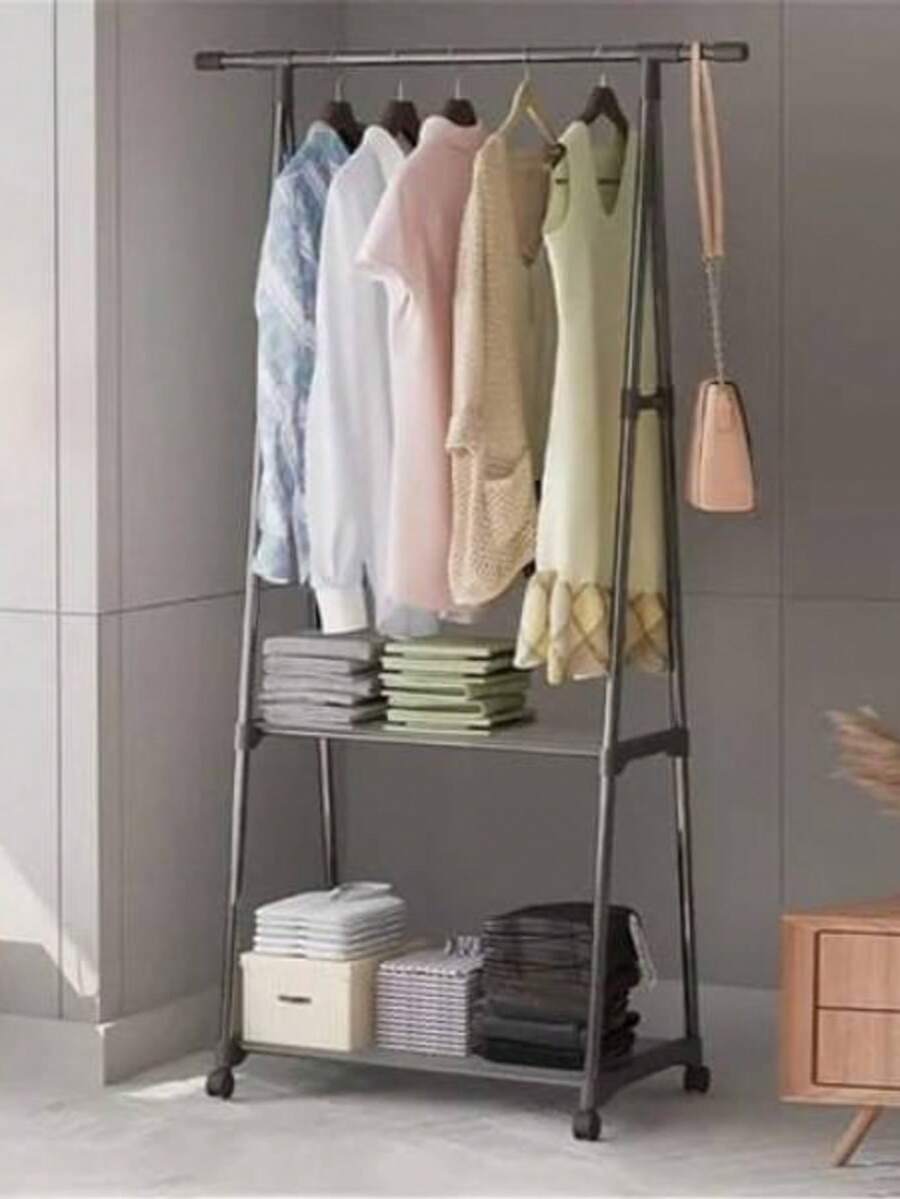 Perchero rodante para ropa, Perchero triangular de almacenamiento de 2 capas con ruedas de freno de 360 °, Perchero multifunción para ropa Tubo de acero de 16 mm Estable Sólido - Negro - Ver 1