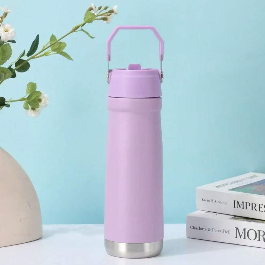 Stainless Steel Thermal Bottle 550ml/650ml Double Wall With Flip Straw, Portable Handle 1313 - Lilac - View 1