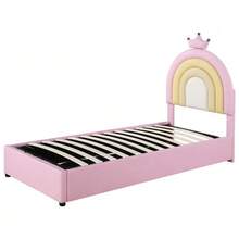 Upholstered Bed 90*200, Hydraulic Bed, With Slatted Base And Headboard, Children's Bed, Wooden Slatted Frame, Easy Assembly, Height-Adjustable Headboard, PU, Pink - Pink - View 5