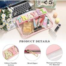 Chenille Letter Clear Zipper Pouch For Travel,Nylon Clear Cosmetic Bag,Makeup Travel Bag For Women Girls 11.8 Inches X 8.2 Inches - Pink - View 3