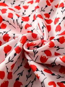 女士夏季印花蕾丝边V领短袖优雅度假连衣裙 - 紅色 - 查看 7