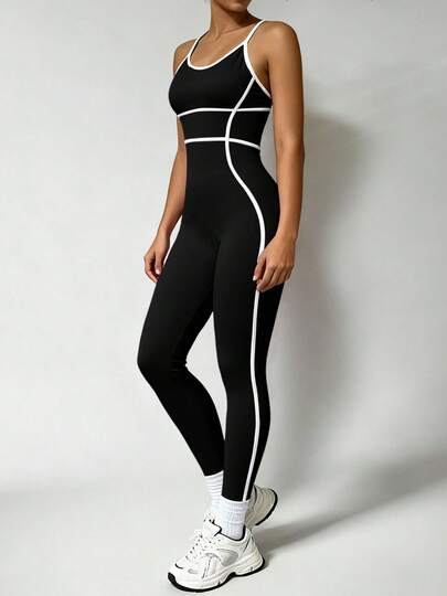 TCVC Mono sin costuras de mujer con diseño de línea de color contrastante a la moda, diseño sexy de tirantes descubiertos, secado rápido, anti-exposición, adecuado para uso diario, entrenamiento al aire ejercicio físico, diseño de cintura alta y ajuste delgado, tela cómoda y transpirable