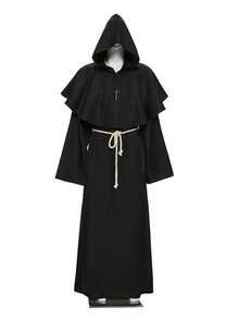 Medieval Wizard Hooded Robe, Renaissance Priest Cloak With Rope Belt, Necklace, Costume Accessories For Role Play - Black - View 1