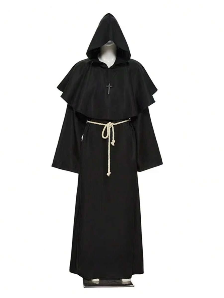 Medieval Wizard Hooded Robe, Renaissance Priest Cloak With Rope Belt, Necklace, Costume Accessories For Role Play - Black - View 1