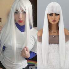 White Wig With Bangs, Long Straight White Wig For Women Heat Resistant Synthetic Womens Hair Wigs For Cosplay Party Halloween - 白色 - 查看 1