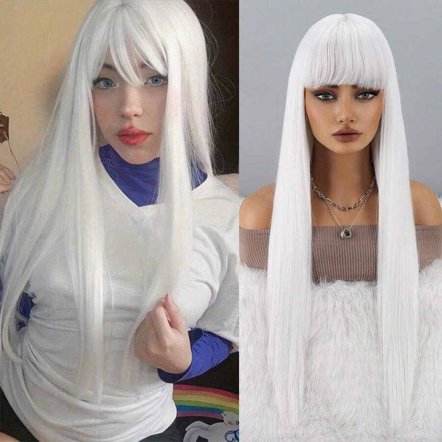 White Wig With Bangs, Long Straight White Wig For Women Heat Resistant Synthetic Womens Hair Wigs For Cosplay Party Halloween - 白色 - 查看 1