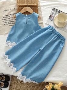 Summer Light Blue Girls 2 Pieces Set, Denim Effect Vest And Lace Trim Pants, Casual Outfit - Blue - View 2