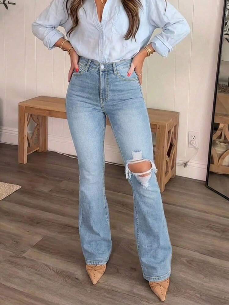 Women's Distressed Elastic Skinny Flare Jeans Casual Spring - Light Wash - View 3