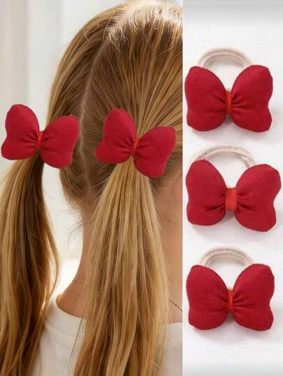 2个装女童红色纯色棉质3D蝴蝶结弹力发圈，可爱甜美公主风，适合日常使用