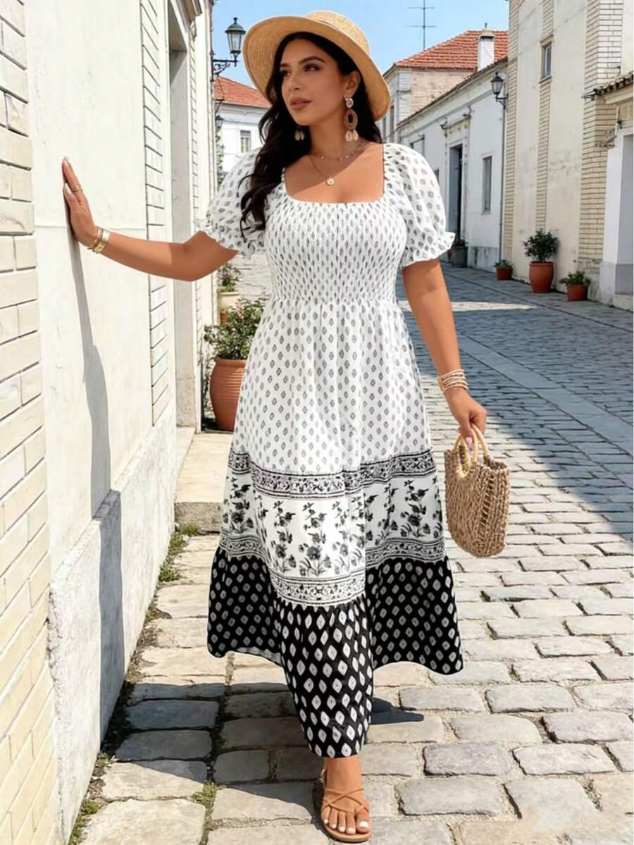 Plus Size Women Elegant Geometric Floral Print Ruffle Hem Vacation Dress Summer - Black and White - View 1